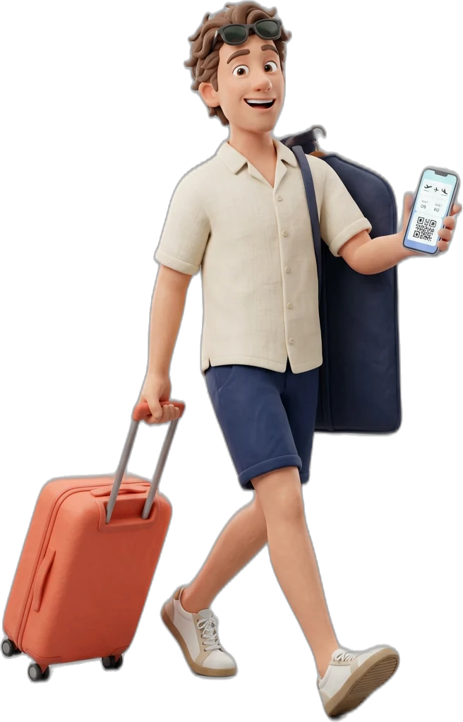 Sam, an invented man on his own, pulling a coral suitcase, with a backpack