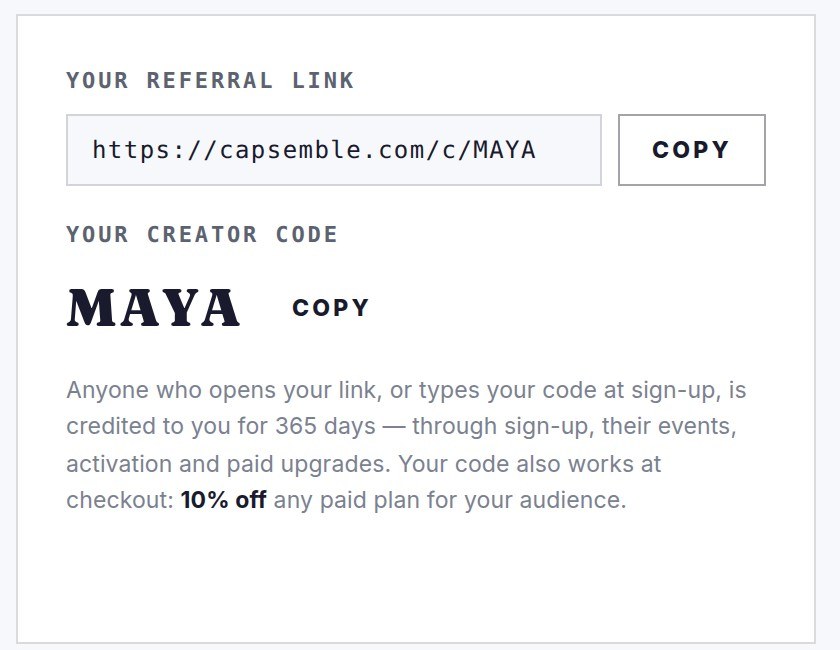 The creator area: your referral link and creator code