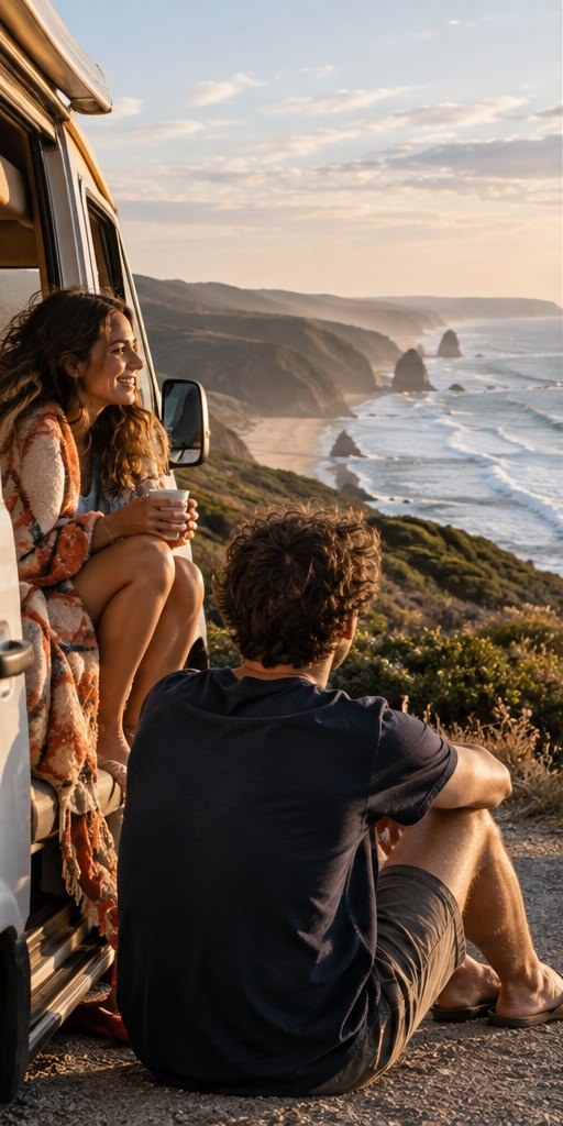 Illustrative scene of friends on a coastal campervan trip