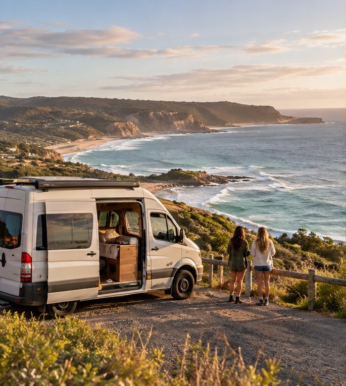 Illustrative friends arriving at a coastal campervan stop