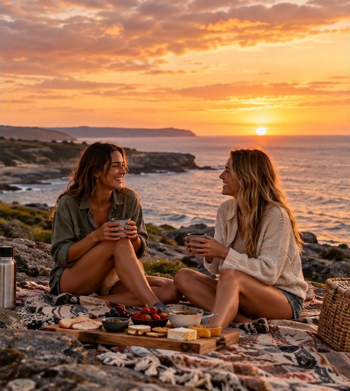 Illustrative friends enjoying a sunset picnic