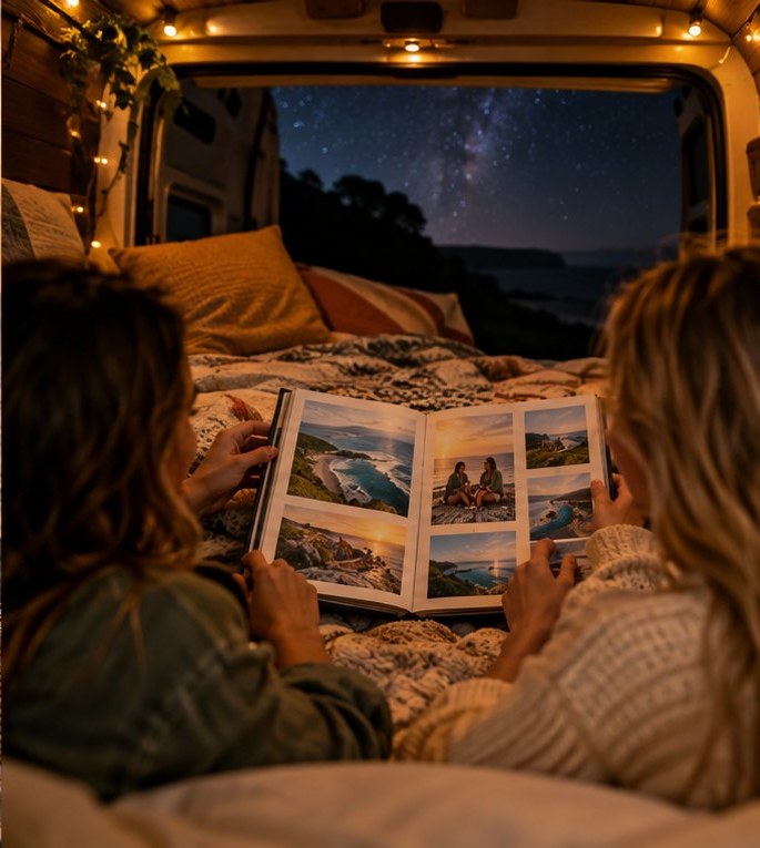Illustrative friends looking through their travel album