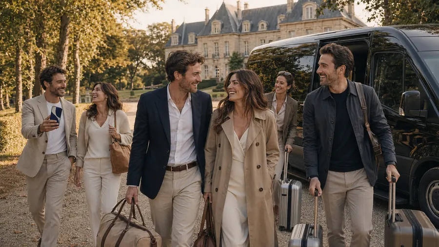 Guests wheel their luggage from the shuttle van up the drive to the château, all smiles