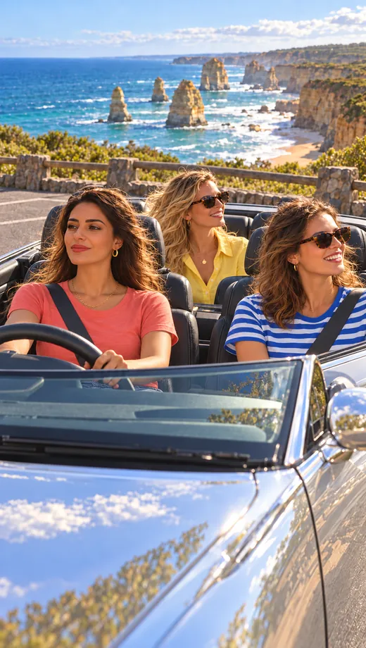 Three friends in a convertible on a coast road above the sea stacks