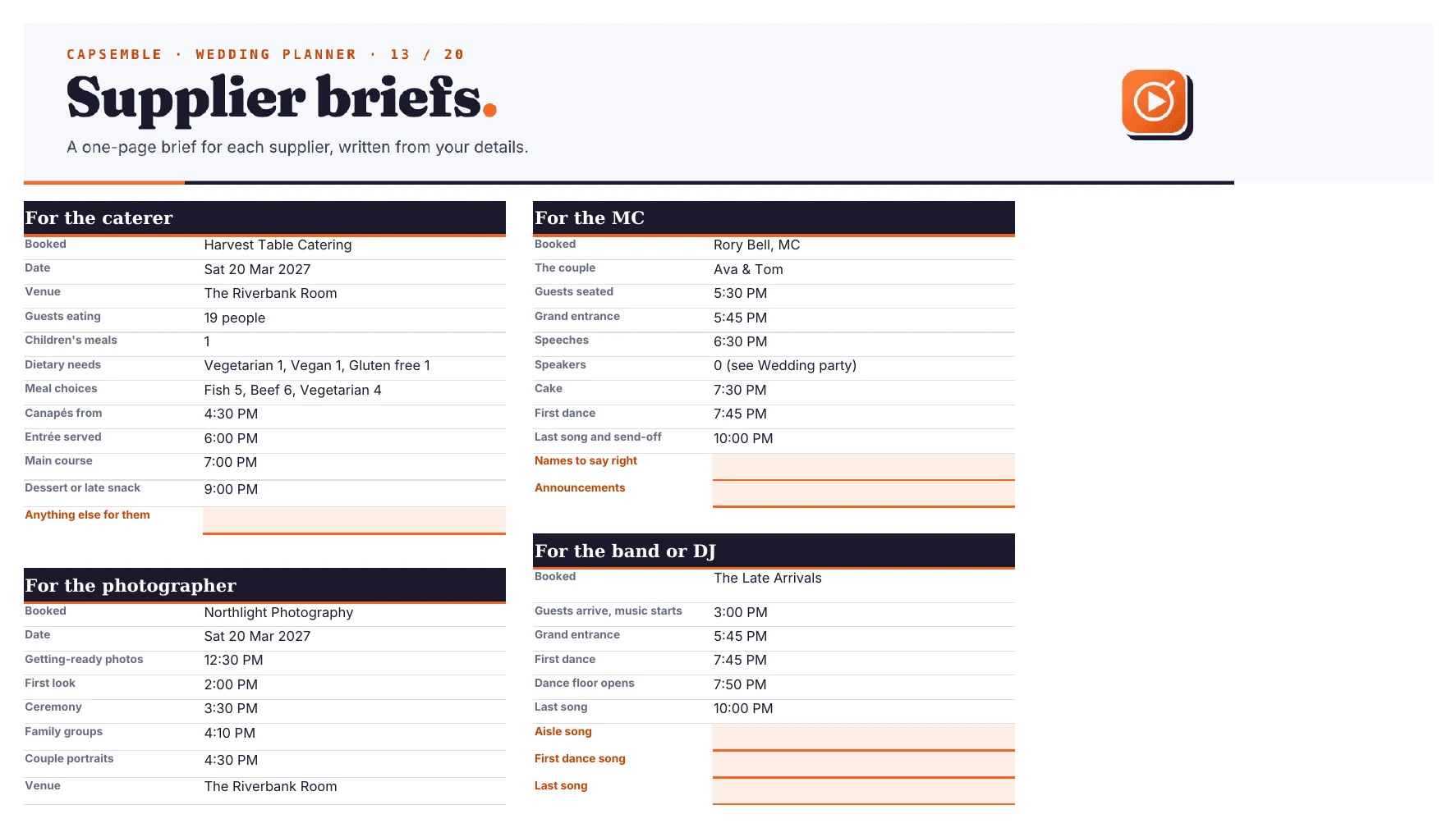 The Supplier briefs sheet: a page each for the caterer, MC, photographer and band, written from the workbook
